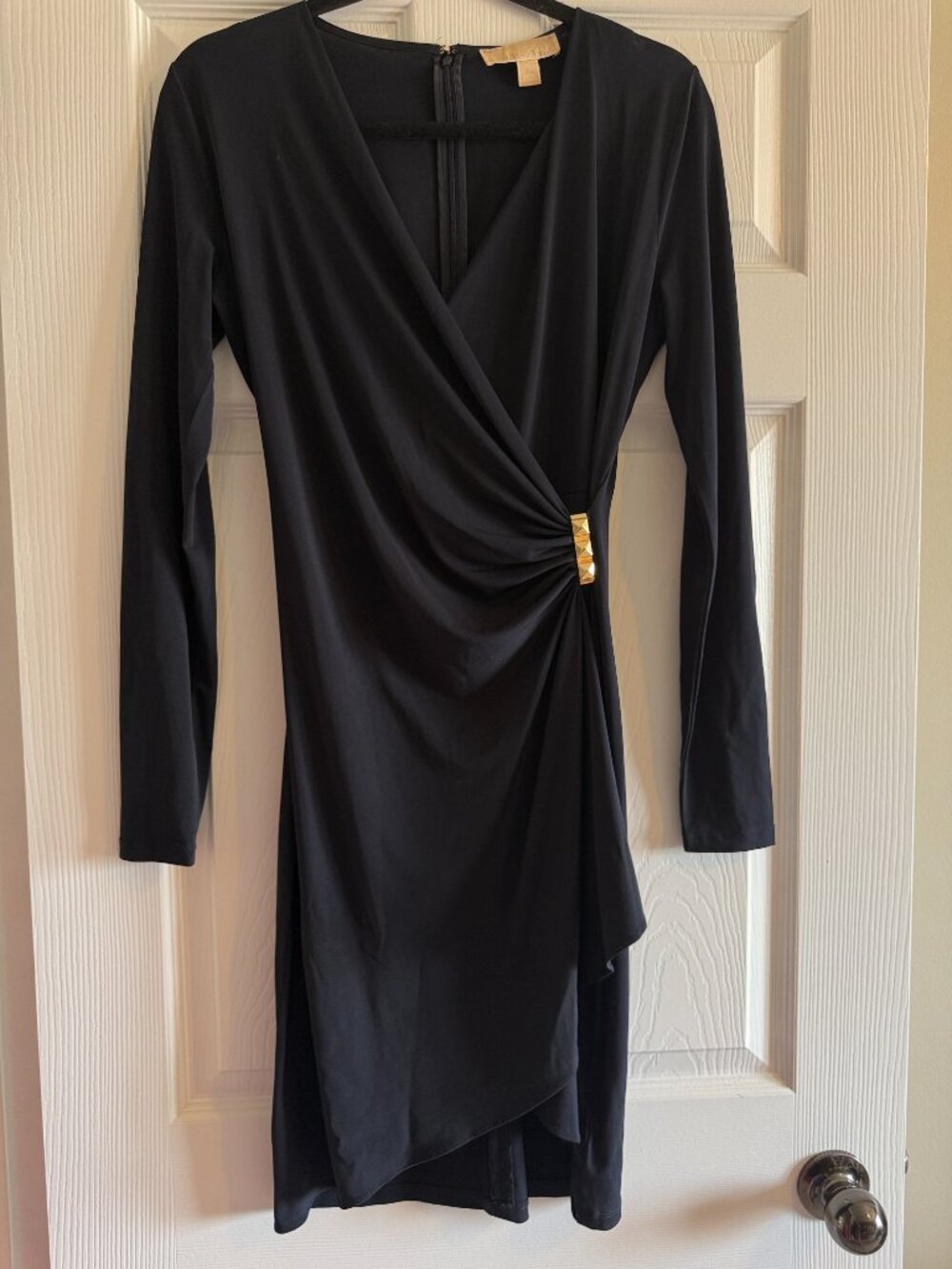 MICHAEL Michael Kors Navy Faux Wrap Ruched Dress Gold Hardware – Size S